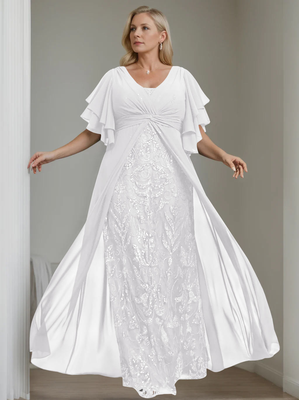 Plus Size Floor-Length A-Line Mother of the Bride Dress with V-Neck and Pleated Details