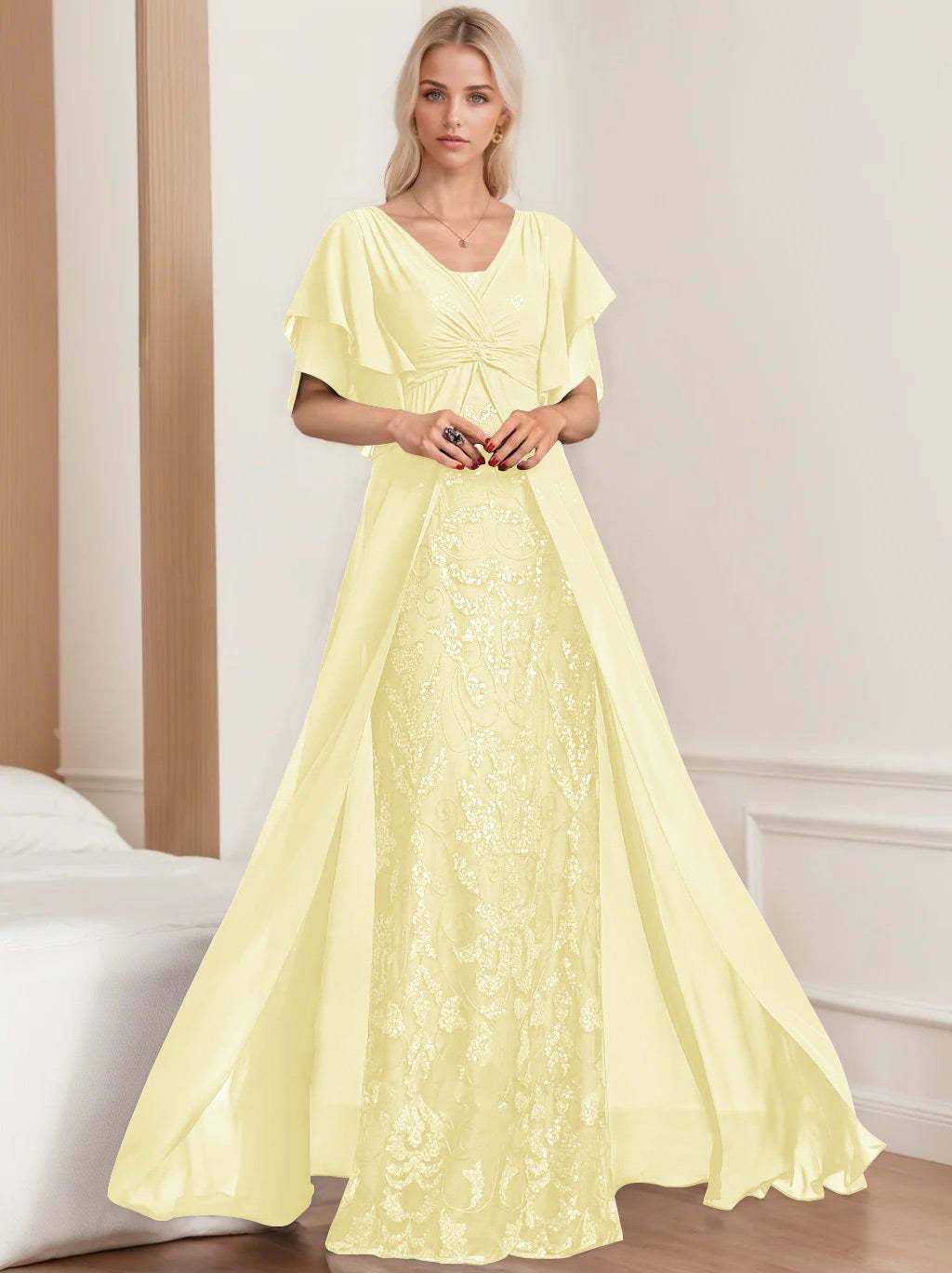 Plus Size Mother of the Bride A-Line Floor-Length Dress with V-Neck and Half Sleeves