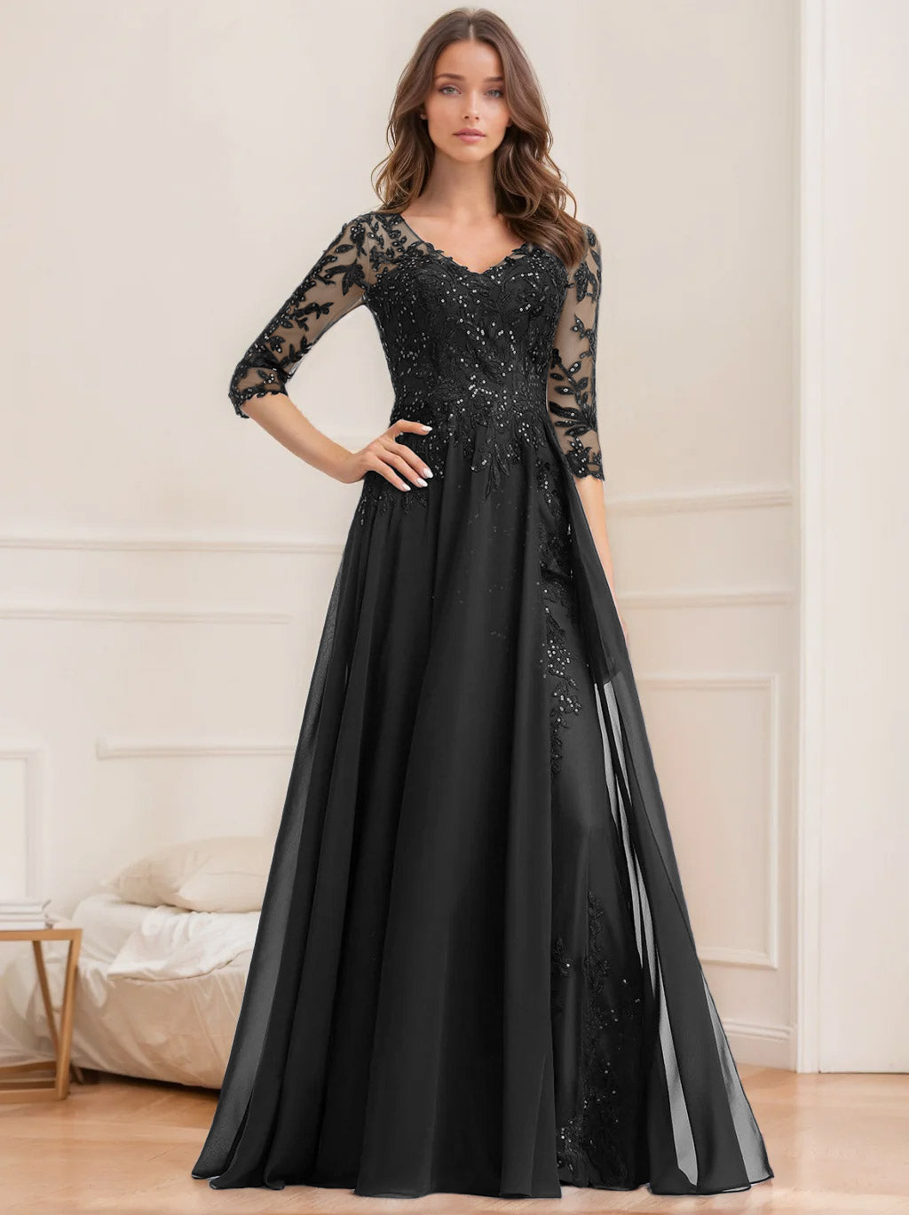 V-Neck A-Line Princess Floor-Length Mother of the Bride Sequined Dress with Half Sleeves