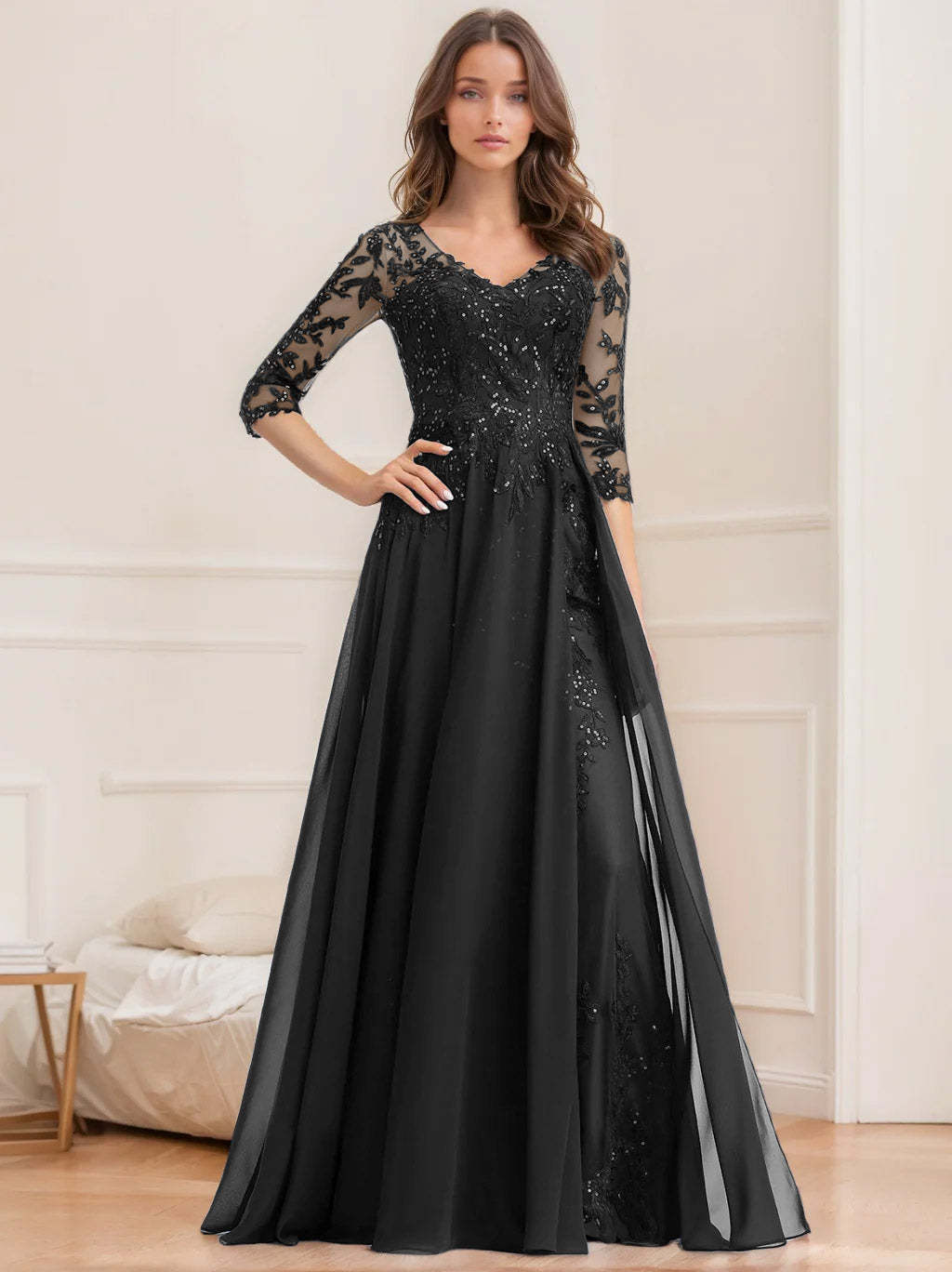 V-Neck A-Line Princess Floor-Length Mother of the Bride Sequined Dress with Half Sleeves