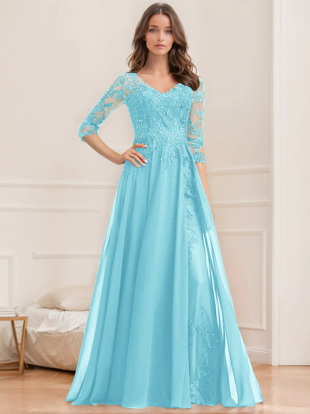 V-Neck A-Line Princess Floor-Length Mother of the Bride Sequined Dress with Half Sleeves