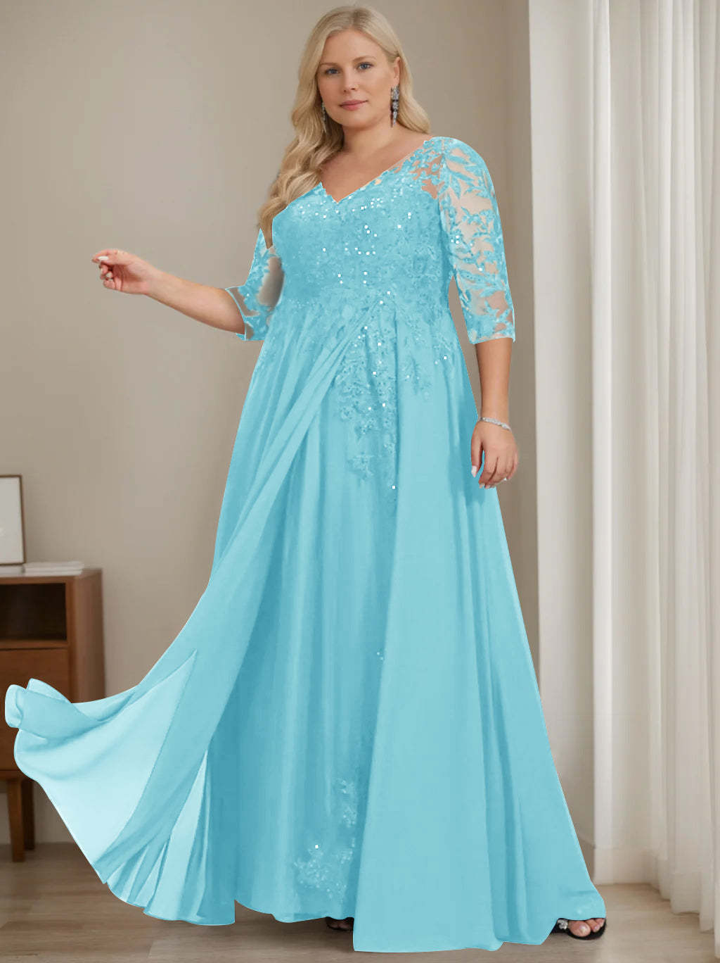 Plus Size V-Neck A-Line Princess Floor-Length Mother of the Bride Dress with Half Sleeves and Sequins