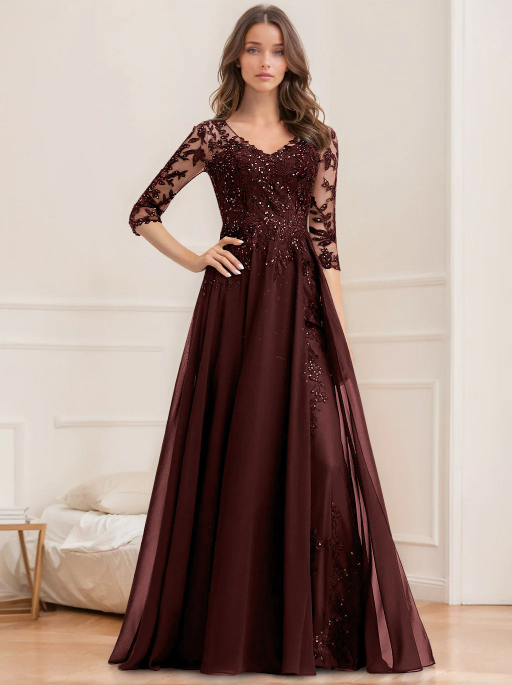 V-Neck A-Line Princess Floor-Length Mother of the Bride Sequined Dress with Half Sleeves