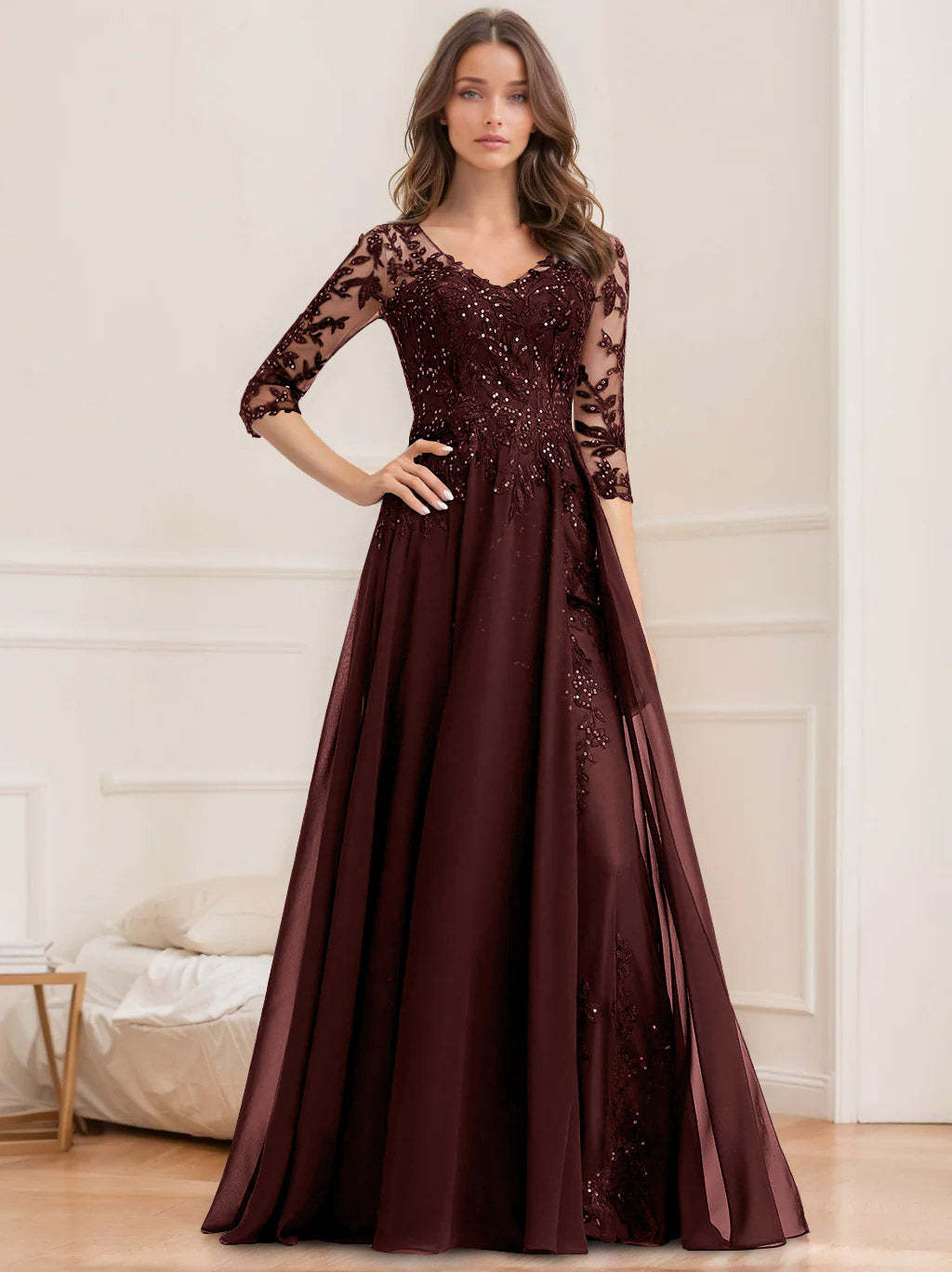 V-Neck A-Line Princess Floor-Length Mother of the Bride Sequined Dress with Half Sleeves