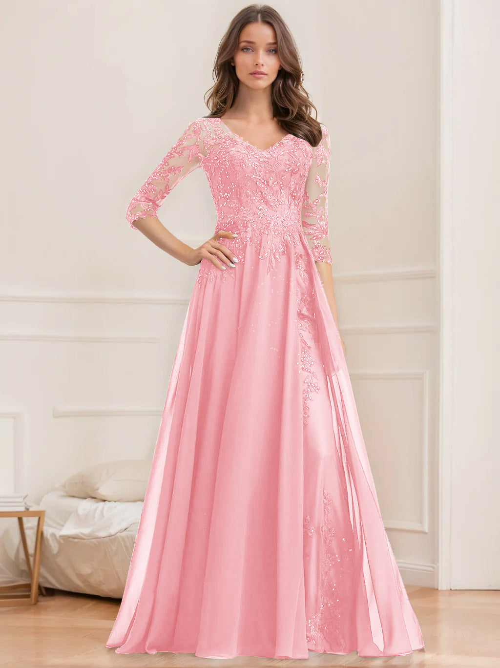 V-Neck A-Line Princess Floor-Length Mother of the Bride Sequined Dress with Half Sleeves
