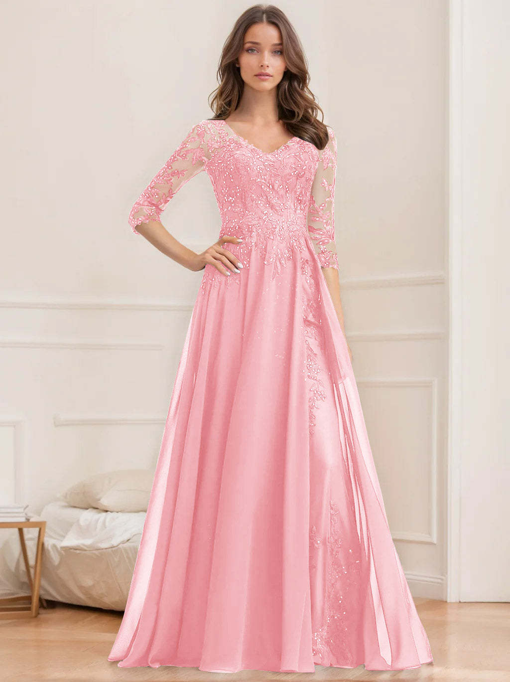 V-Neck A-Line Princess Floor-Length Mother of the Bride Sequined Dress with Half Sleeves