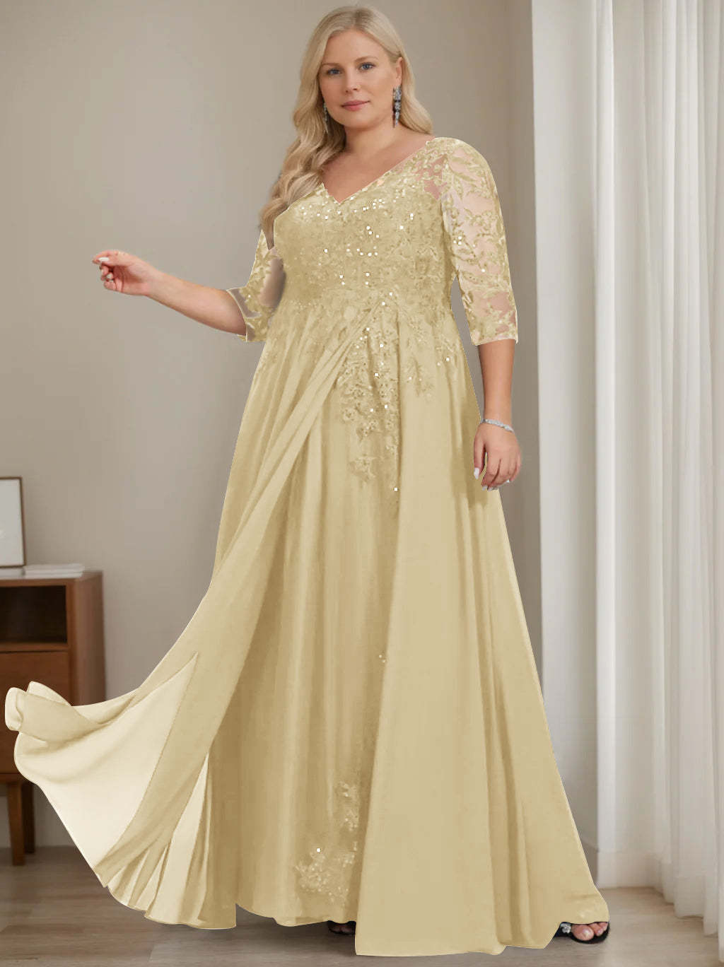 Plus Size V-Neck A-Line Princess Floor-Length Mother of the Bride Dress with Half Sleeves and Sequins-BMbridal.UK