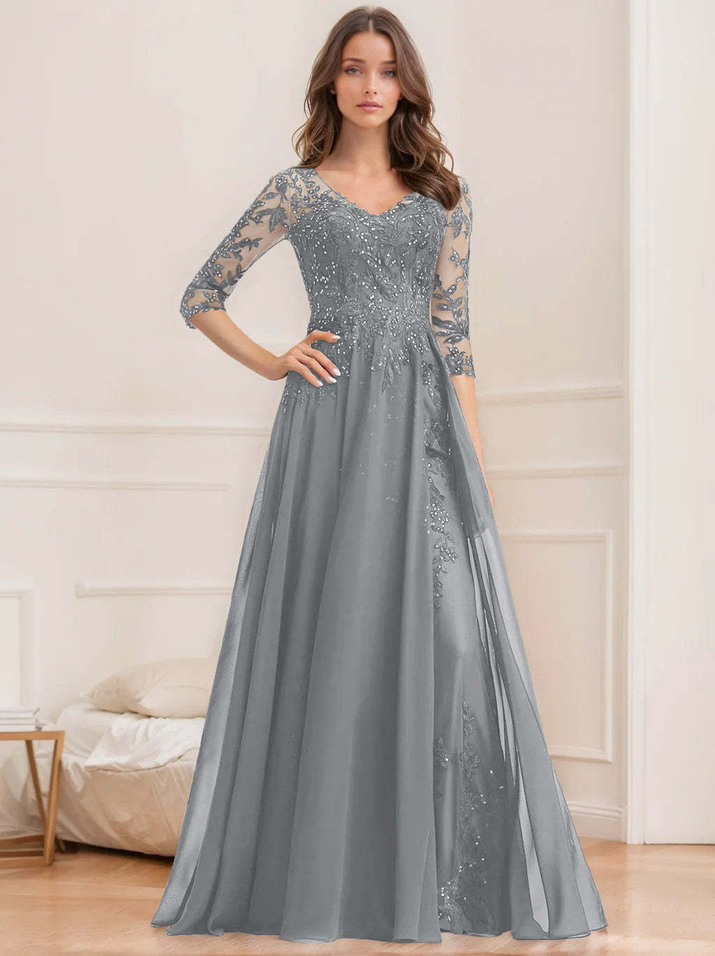 V-Neck A-Line Princess Floor-Length Mother of the Bride Sequined Dress with Half Sleeves