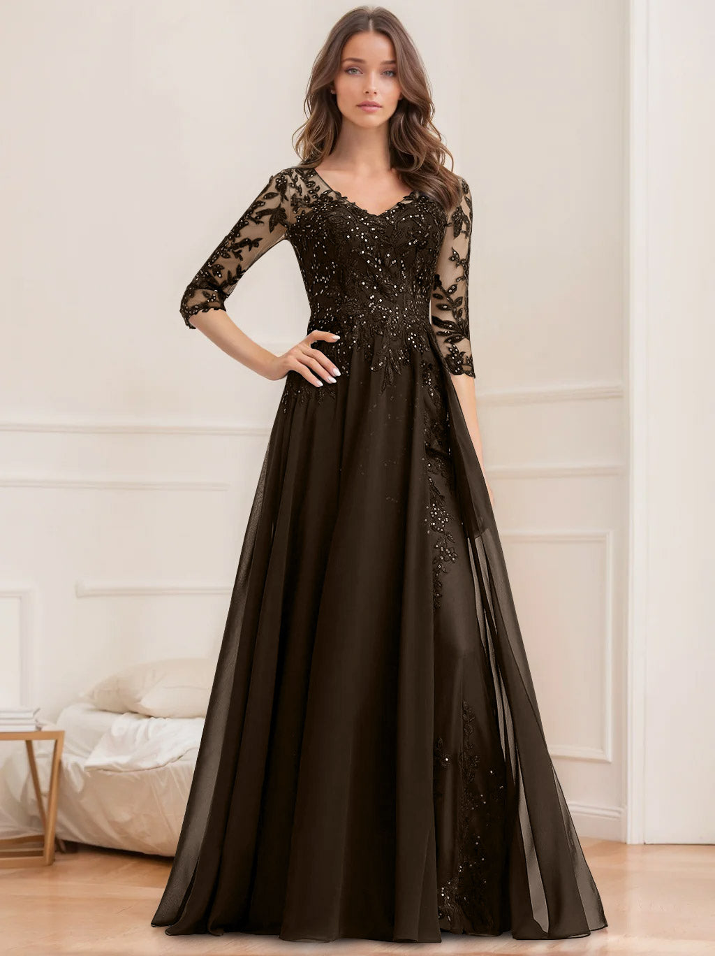 V-Neck A-Line Princess Floor-Length Mother of the Bride Sequined Dress with Half Sleeves