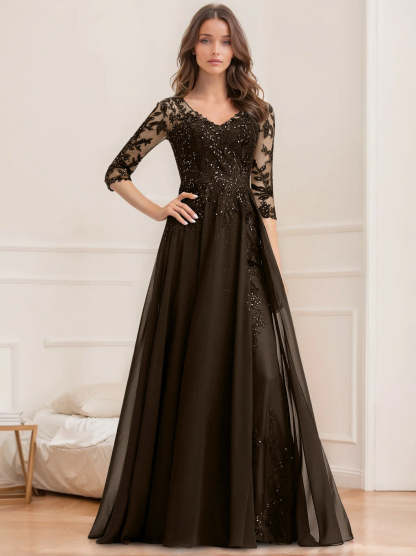 V-Neck A-Line Princess Floor-Length Mother of the Bride Sequined Dress with Half Sleeves