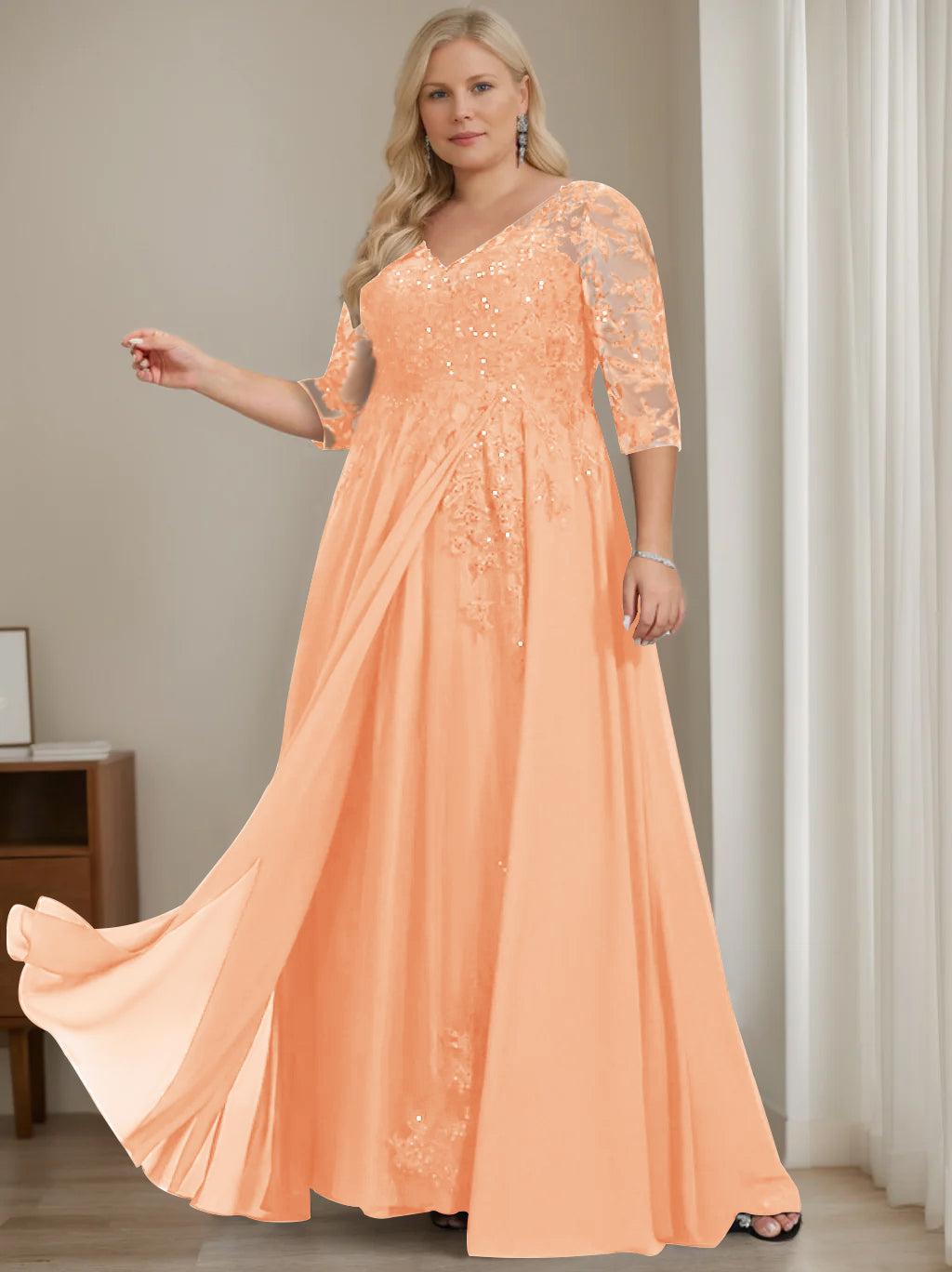 Plus Size V-Neck A-Line Princess Floor-Length Mother of the Bride Dress with Half Sleeves and Sequins-BMbridal.UK