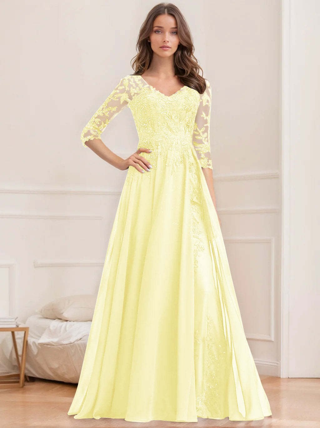 V-Neck A-Line Princess Floor-Length Mother of the Bride Sequined Dress with Half Sleeves