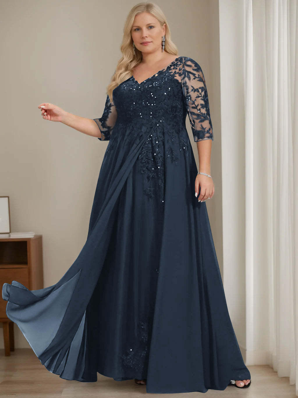 V-Neck A-Line Princess Floor-Length Mother of the Bride Sequined Dress with Half Sleeves