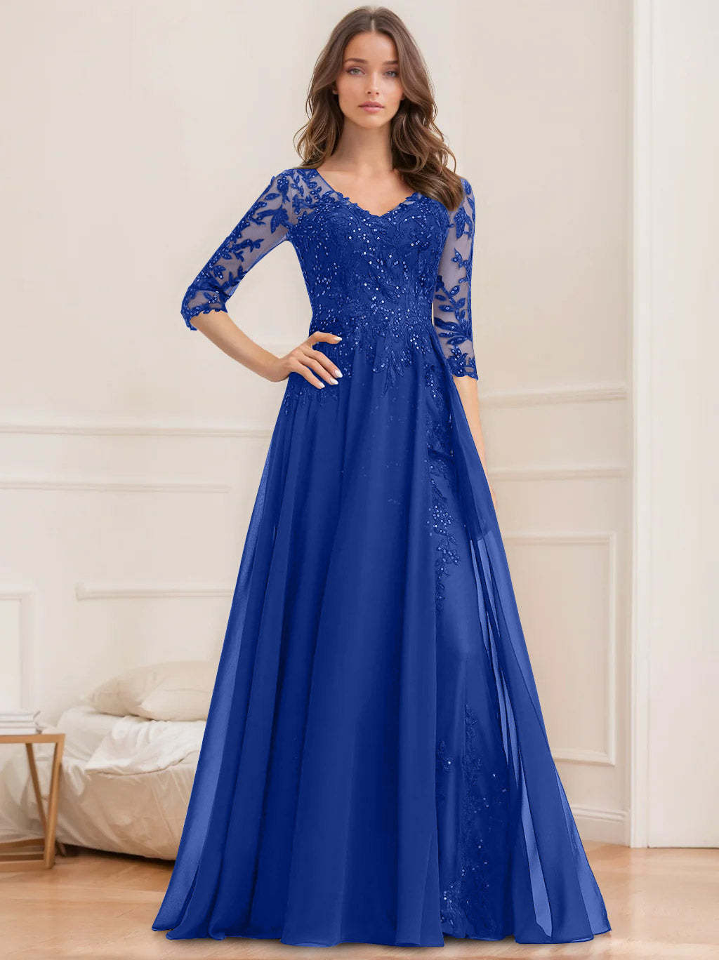 V-Neck A-Line Princess Floor-Length Mother of the Bride Sequined Dress with Half Sleeves