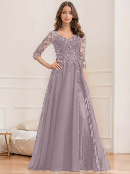V-Neck A-Line Princess Floor-Length Mother of the Bride Sequined Dress with Half Sleeves