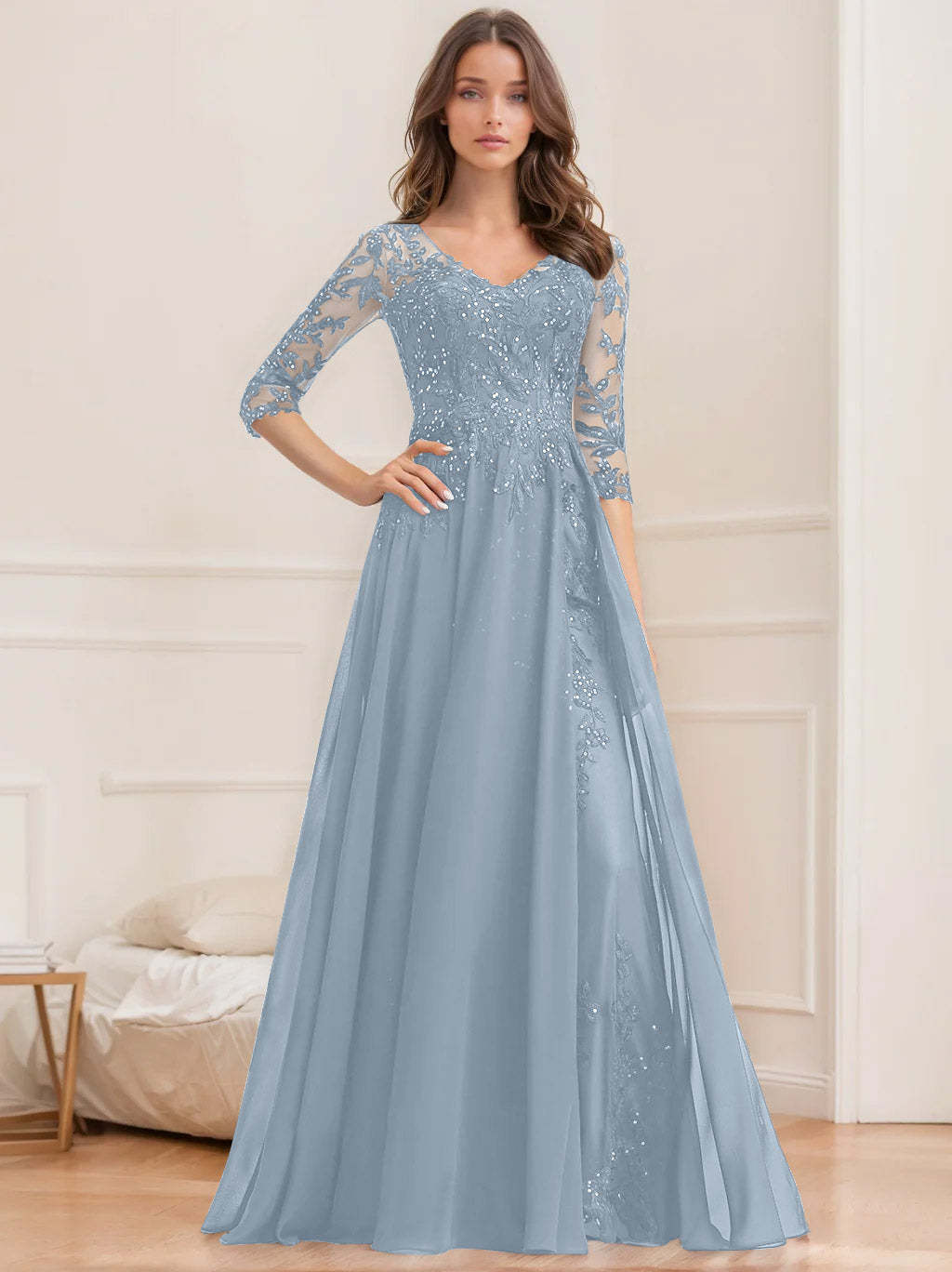 V-Neck A-Line Princess Floor-Length Mother of the Bride Sequined Dress with Half Sleeves