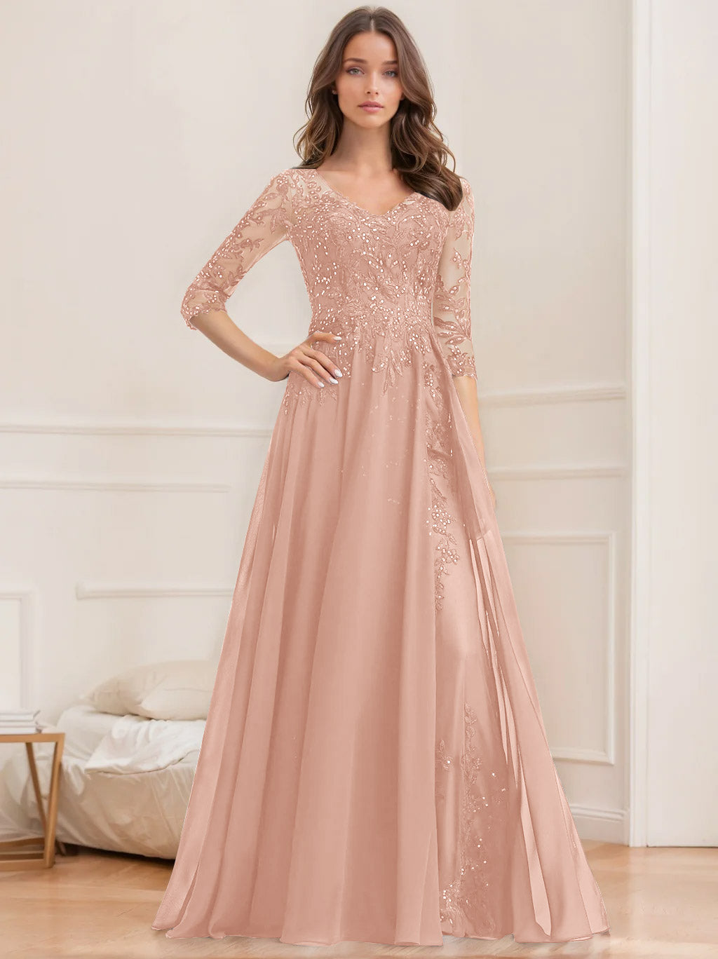 V-Neck A-Line Princess Floor-Length Mother of the Bride Sequined Dress with Half Sleeves