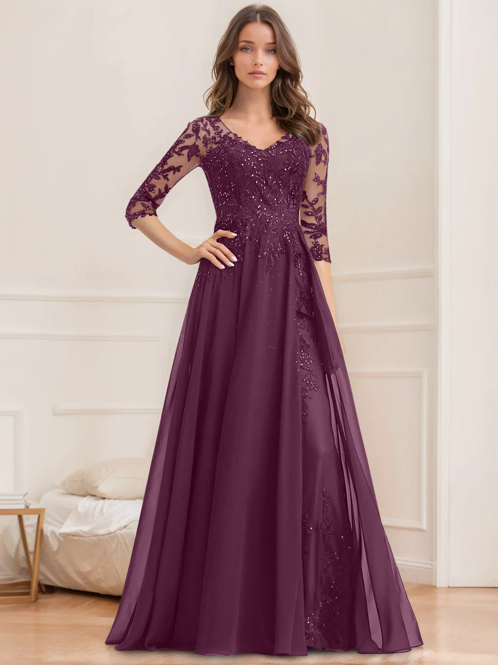 V-Neck A-Line Princess Floor-Length Mother of the Bride Sequined Dress with Half Sleeves