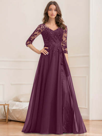 V-Neck A-Line Princess Floor-Length Mother of the Bride Sequined Dress with Half Sleeves