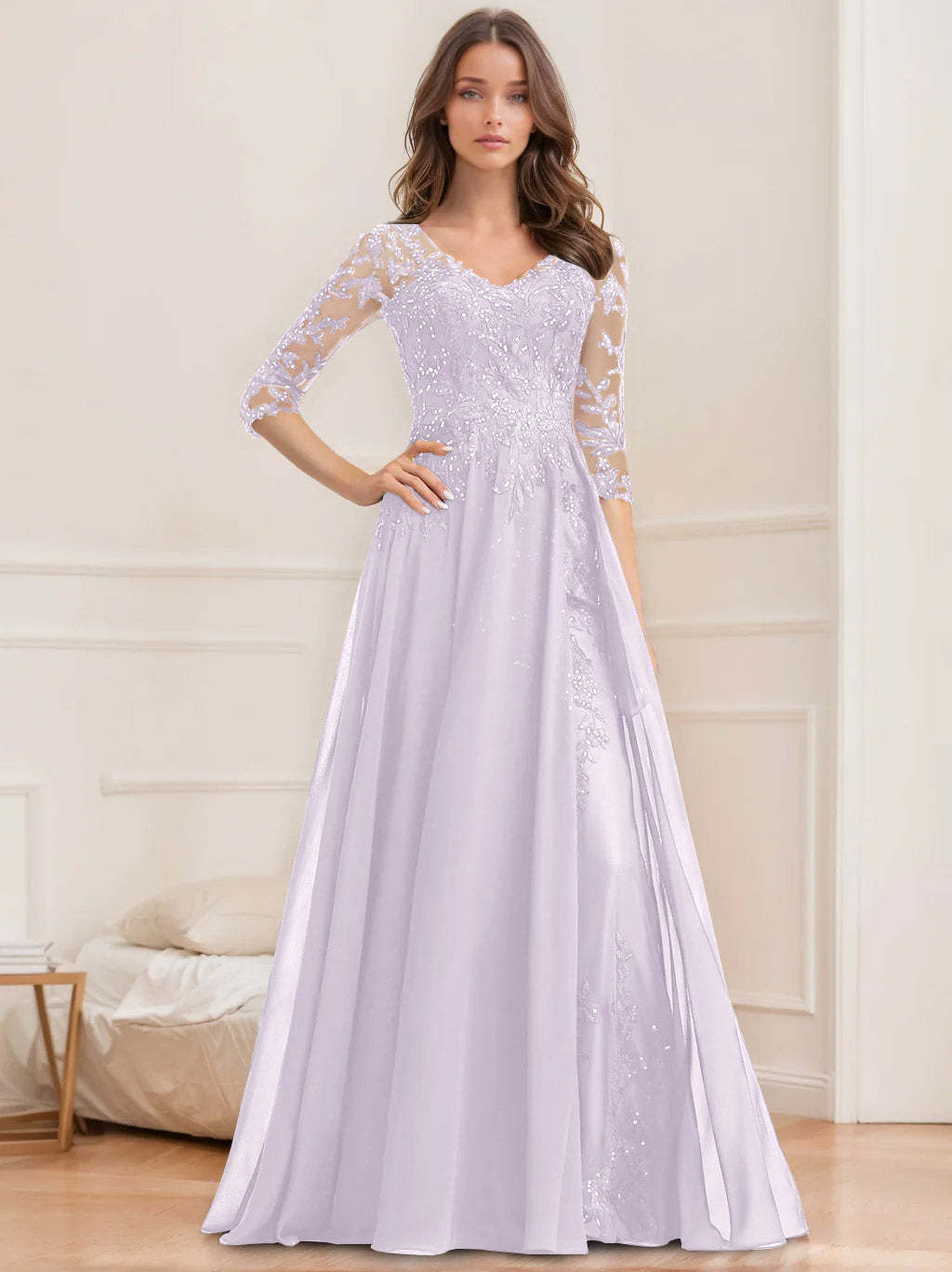 V-Neck A-Line Princess Floor-Length Mother of the Bride Sequined Dress with Half Sleeves