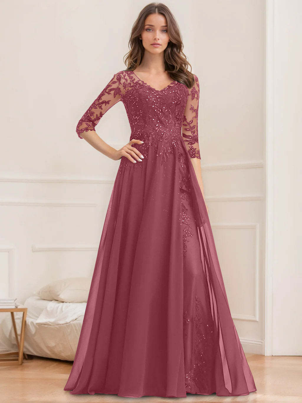 V-Neck A-Line Princess Floor-Length Mother of the Bride Sequined Dress with Half Sleeves