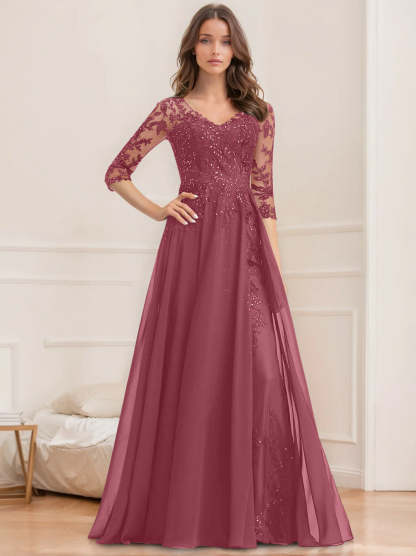 V-Neck A-Line Princess Floor-Length Mother of the Bride Sequined Dress with Half Sleeves