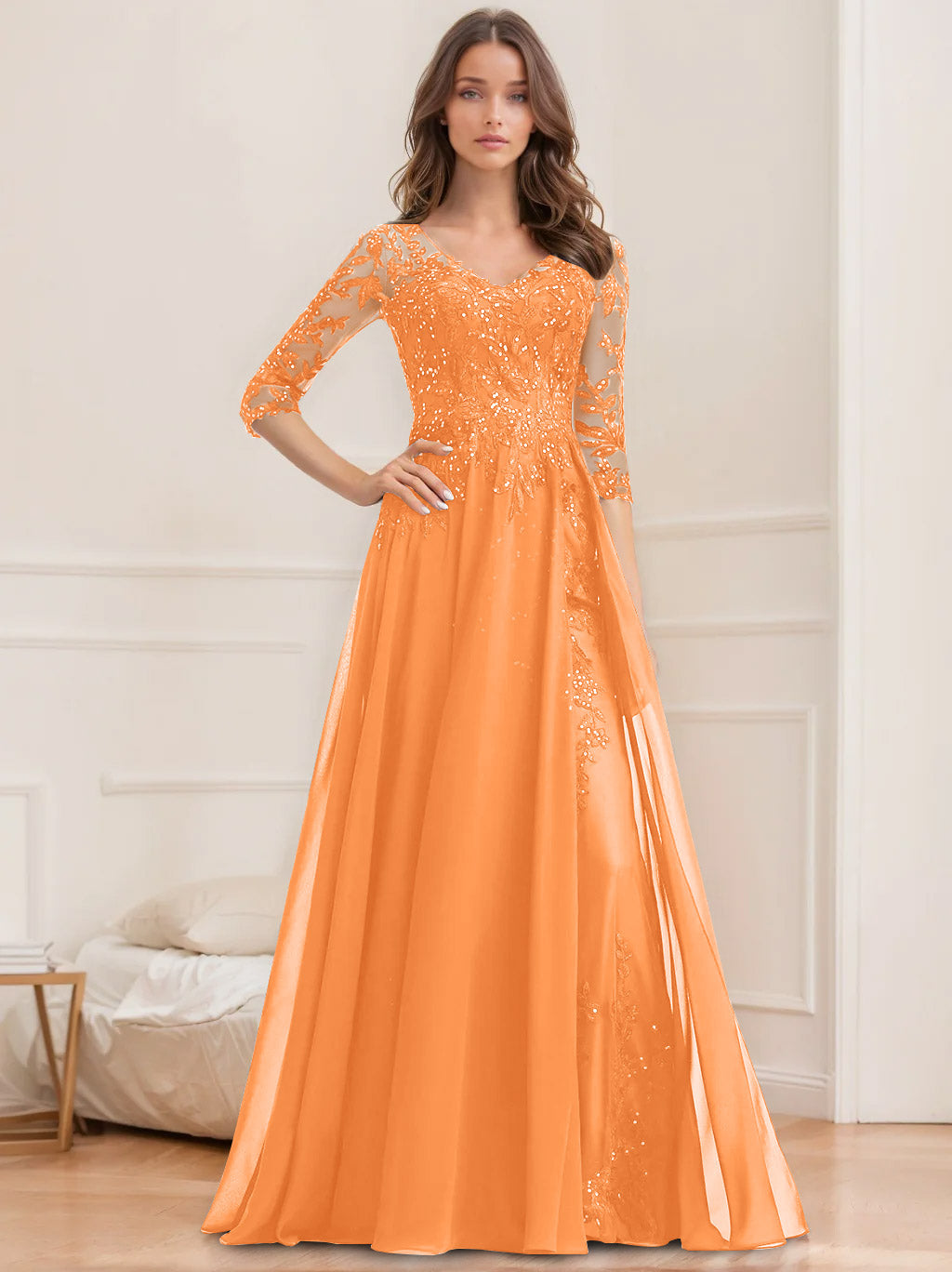 V-Neck A-Line Princess Floor-Length Mother of the Bride Sequined Dress with Half Sleeves