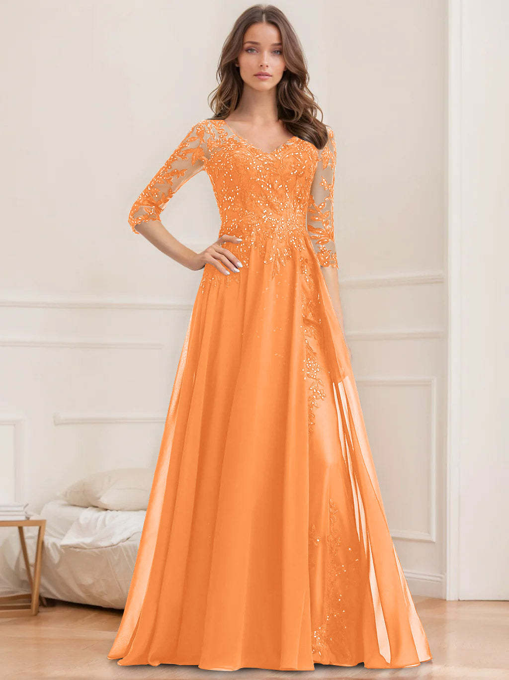 V-Neck A-Line Princess Floor-Length Mother of the Bride Sequined Dress with Half Sleeves