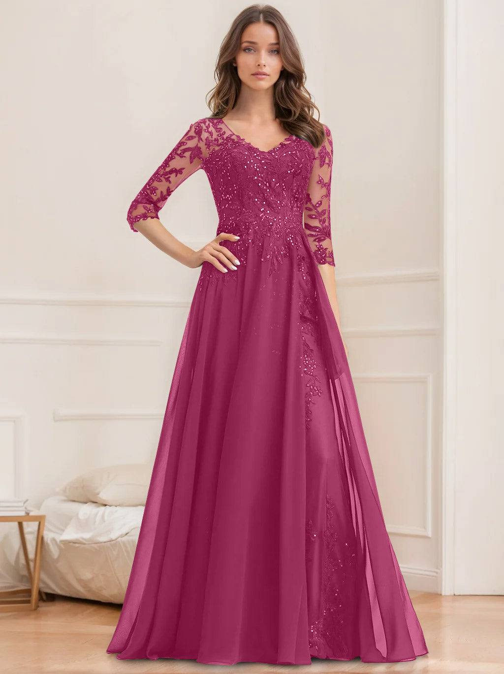 V-Neck A-Line Princess Floor-Length Mother of the Bride Sequined Dress with Half Sleeves