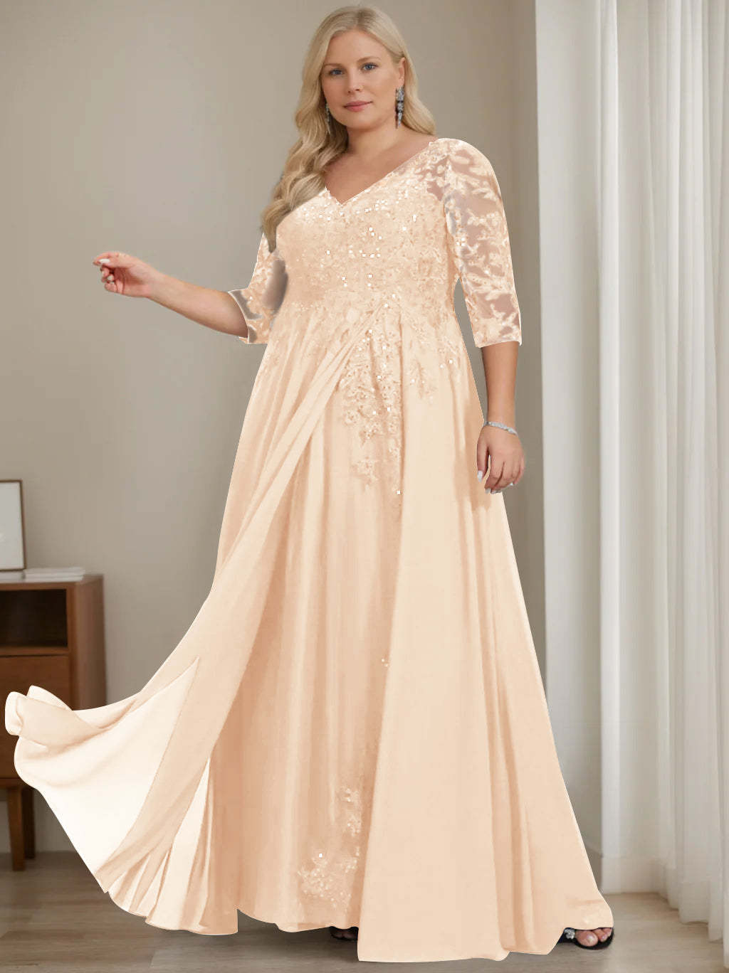 Plus Size V-Neck A-Line Princess Floor-Length Mother of the Bride Dress with Half Sleeves and Sequins-BMbridal.UK