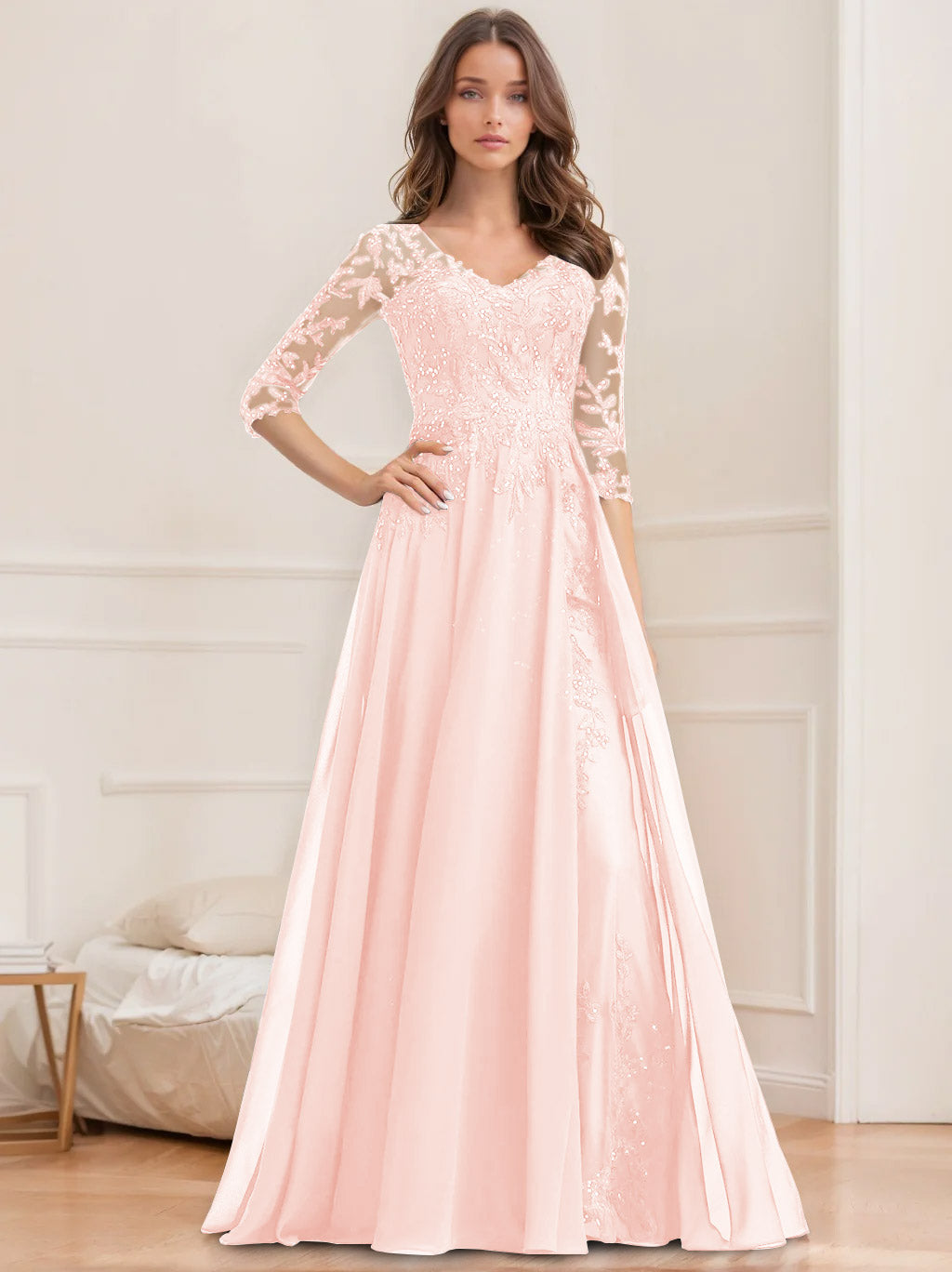 V-Neck A-Line Princess Floor-Length Mother of the Bride Sequined Dress with Half Sleeves