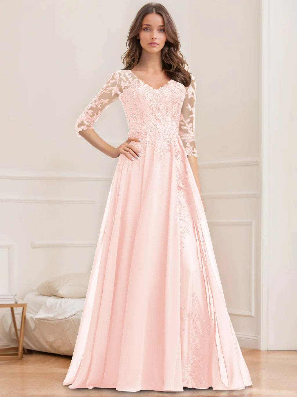 V-Neck A-Line Princess Floor-Length Mother of the Bride Sequined Dress with Half Sleeves