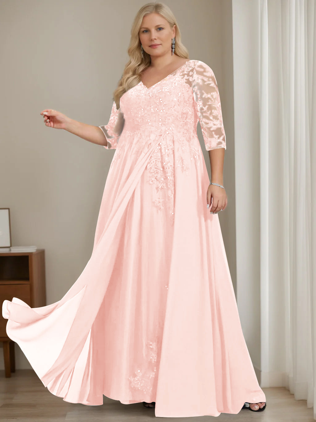 Plus Size V-Neck A-Line Princess Floor-Length Mother of the Bride Dress with Half Sleeves and Sequins-BMbridal.UK