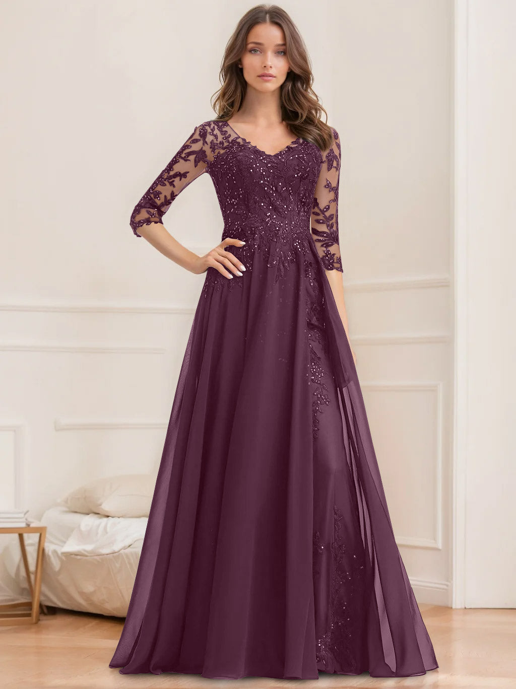 V-Neck A-Line Princess Floor-Length Mother of the Bride Sequined Dress with Half Sleeves