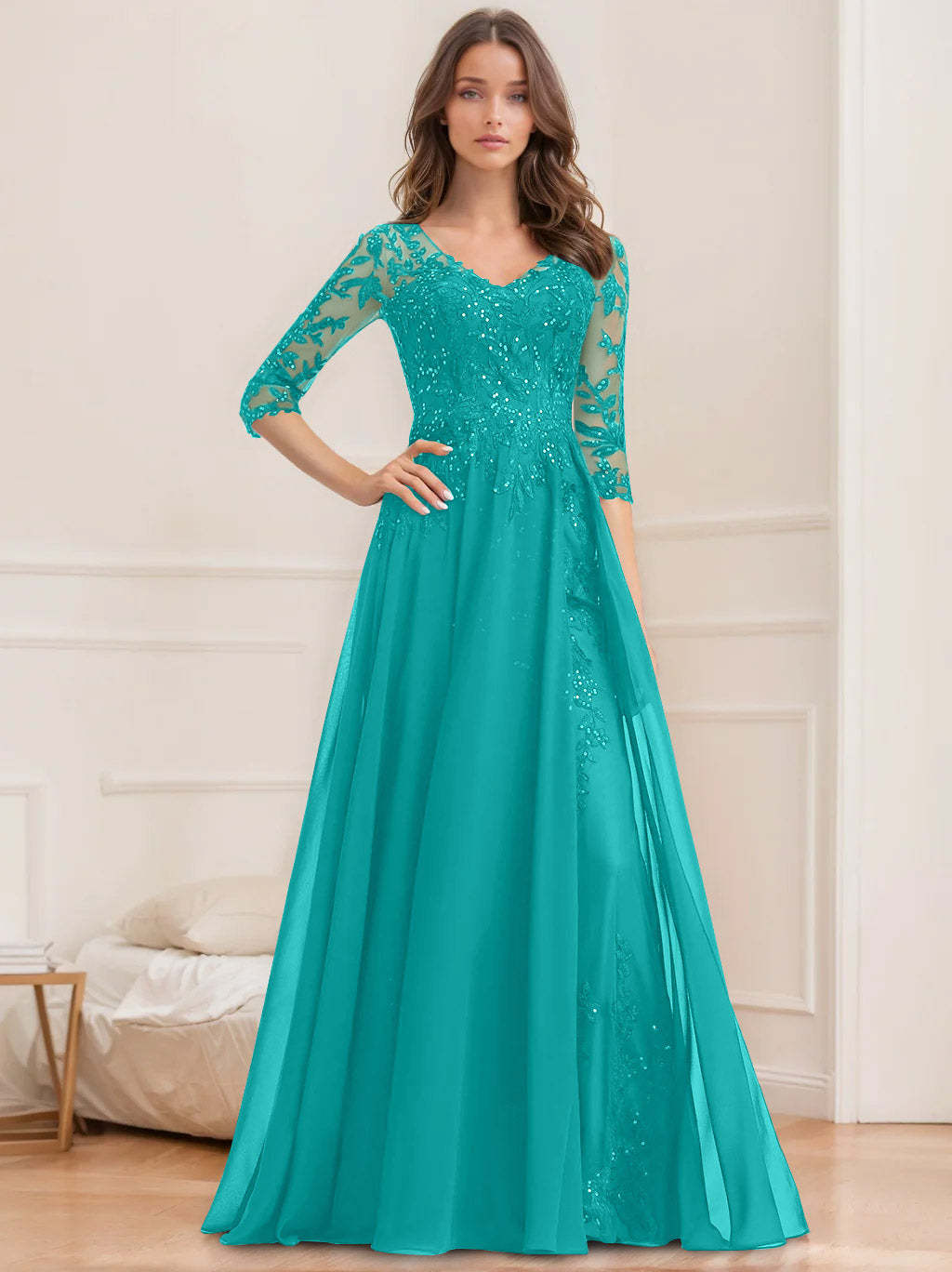 V-Neck A-Line Princess Floor-Length Mother of the Bride Sequined Dress with Half Sleeves