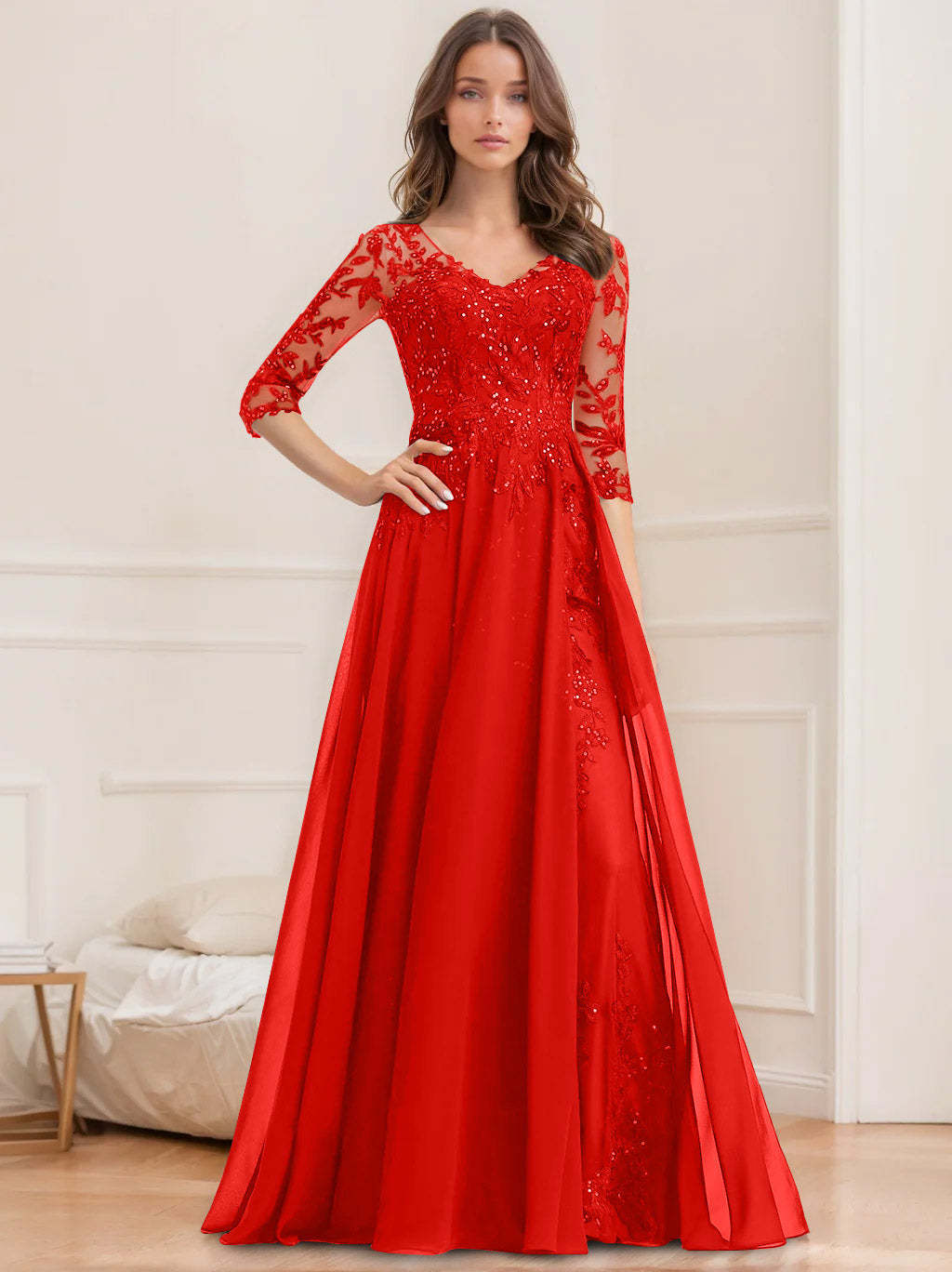 V-Neck A-Line Princess Floor-Length Mother of the Bride Sequined Dress with Half Sleeves