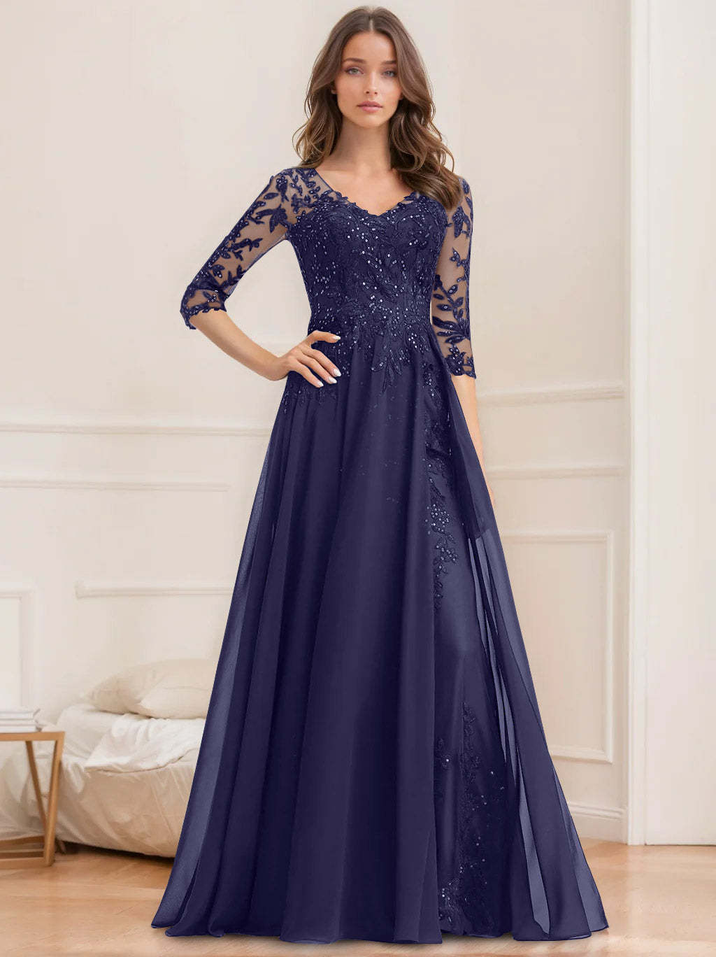 V-Neck A-Line Princess Floor-Length Mother of the Bride Sequined Dress with Half Sleeves