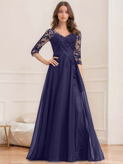 V-Neck A-Line Princess Floor-Length Mother of the Bride Sequined Dress with Half Sleeves