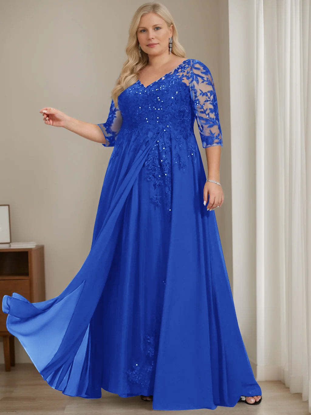 Plus Size V-Neck A-Line Princess Floor-Length Mother of the Bride Dress with Half Sleeves and Sequins-BMbridal.UK