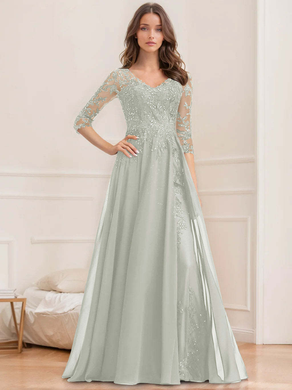 V-Neck A-Line Princess Floor-Length Mother of the Bride Sequined Dress with Half Sleeves