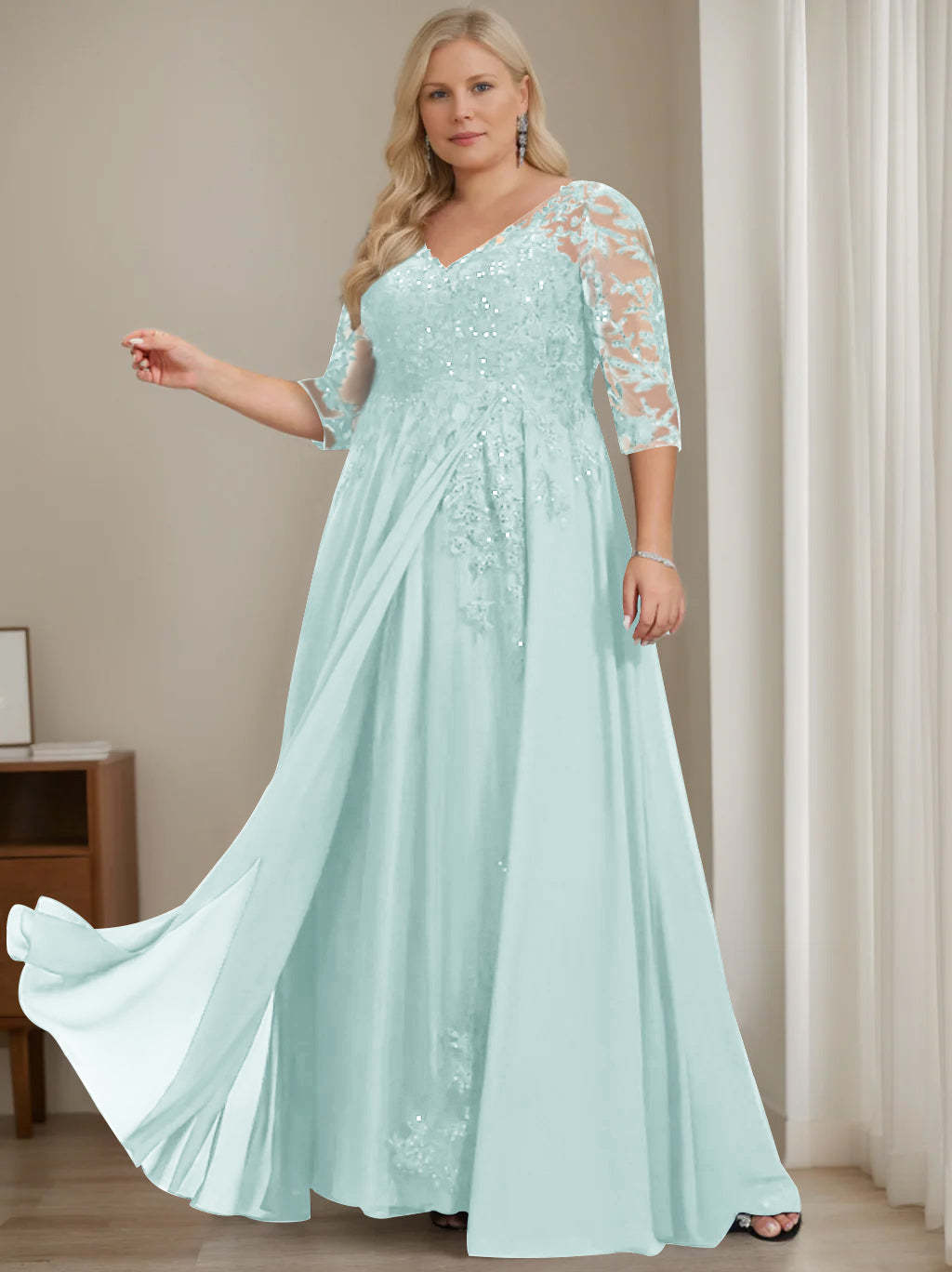 Plus Size V-Neck A-Line Princess Floor-Length Mother of the Bride Dress with Half Sleeves and Sequins-BMbridal.UK