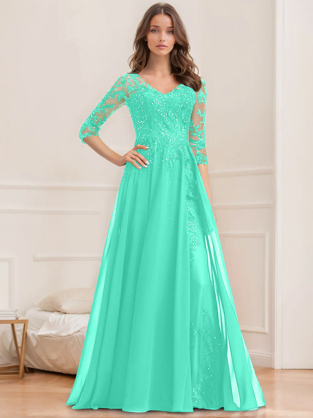 V-Neck A-Line Princess Floor-Length Mother of the Bride Sequined Dress with Half Sleeves