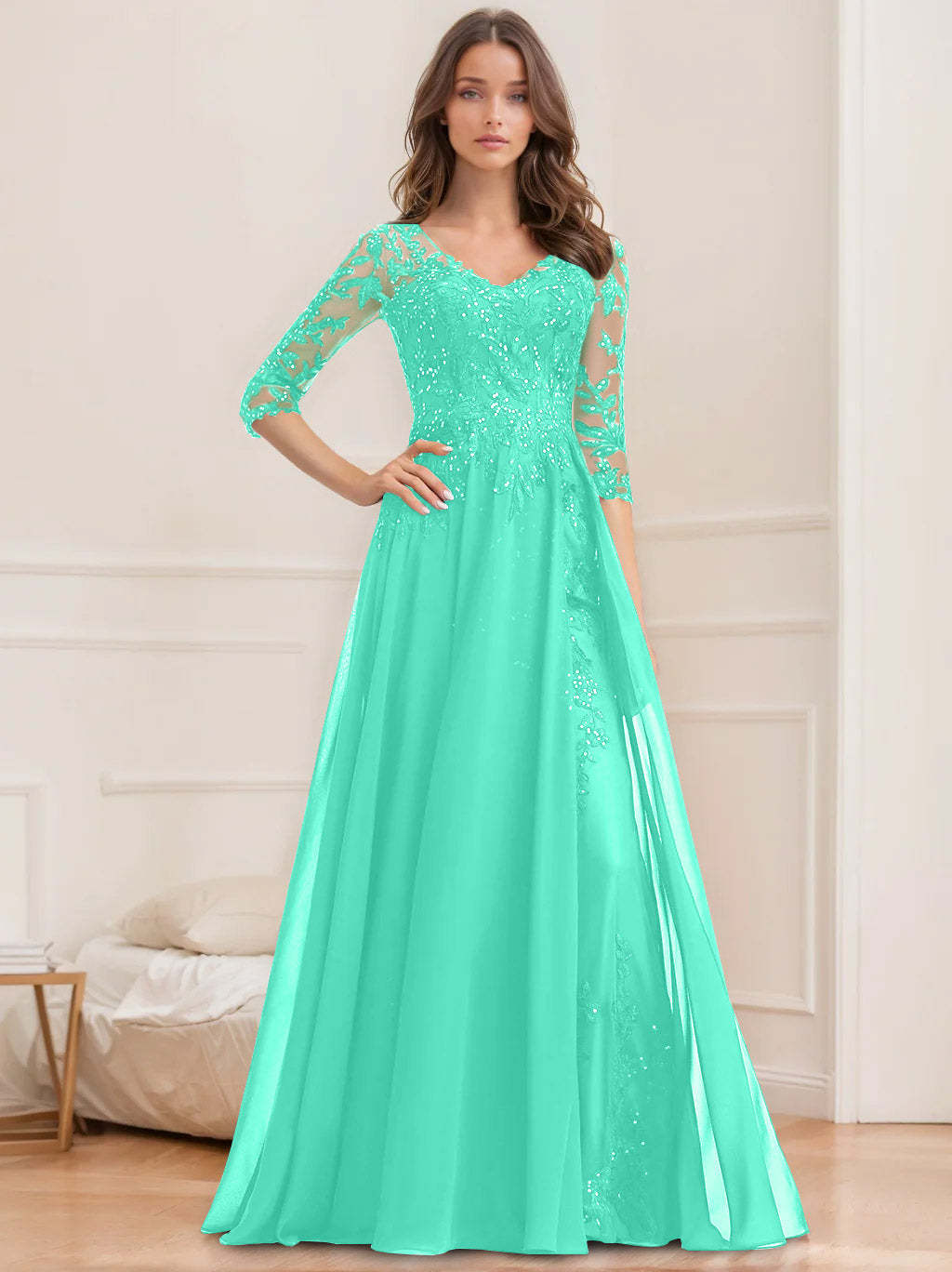 V-Neck A-Line Princess Floor-Length Mother of the Bride Sequined Dress with Half Sleeves