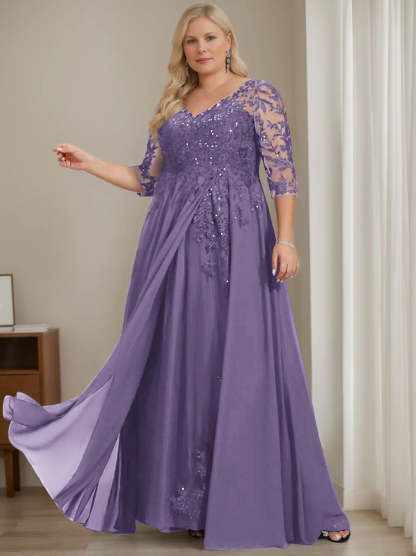 Plus Size V-Neck A-Line Princess Floor-Length Mother of the Bride Dress with Half Sleeves and Sequins-BMbridal.UK