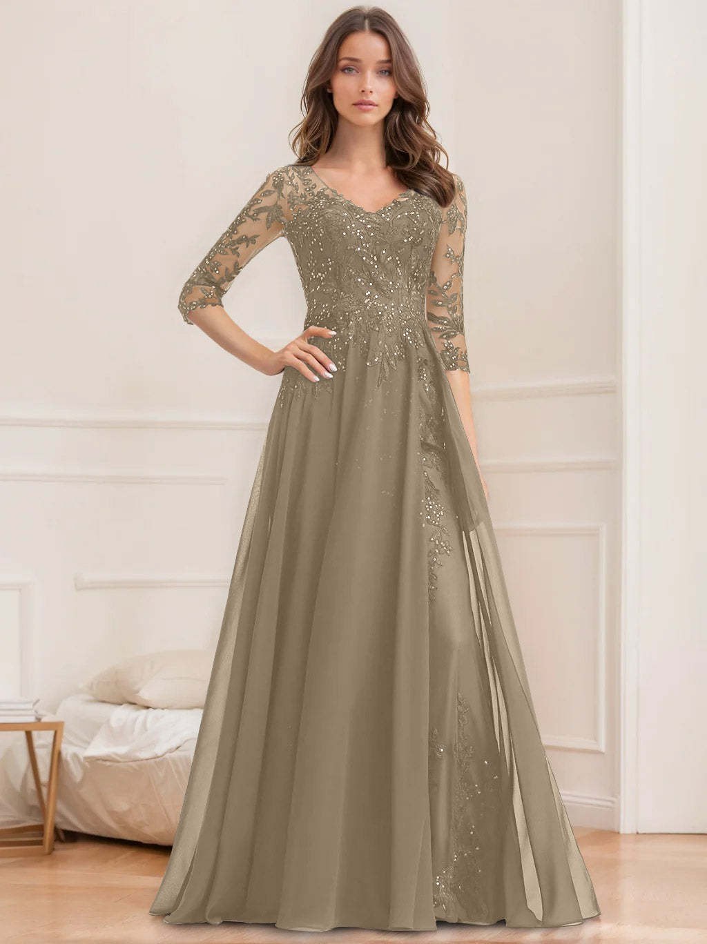 V-Neck A-Line Princess Floor-Length Mother of the Bride Sequined Dress with Half Sleeves