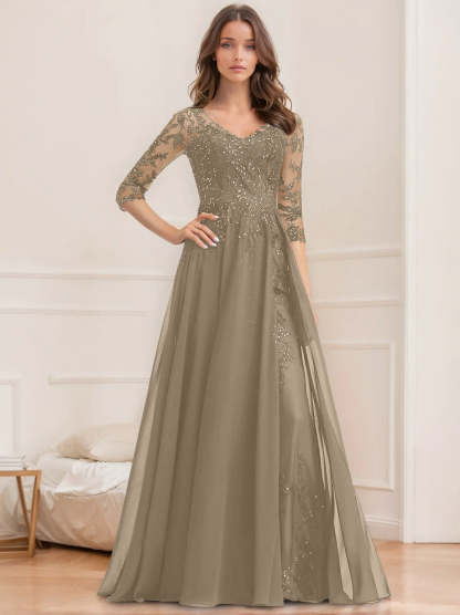 V-Neck A-Line Princess Floor-Length Mother of the Bride Sequined Dress with Half Sleeves