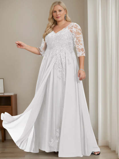 Plus Size V-Neck A-Line Princess Floor-Length Mother of the Bride Dress with Half Sleeves and Sequins-BMbridal.UK