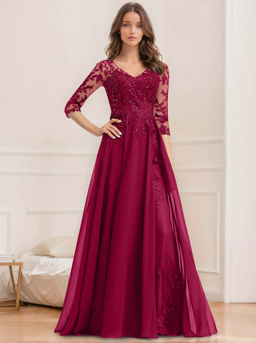 V-Neck A-Line Princess Floor-Length Mother of the Bride Sequined Dress with Half Sleeves