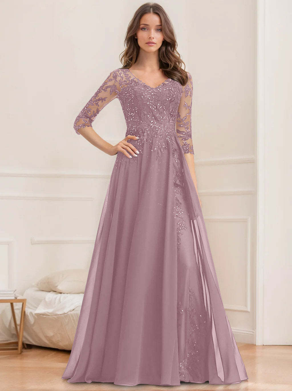 V-Neck A-Line Princess Floor-Length Mother of the Bride Sequined Dress with Half Sleeves