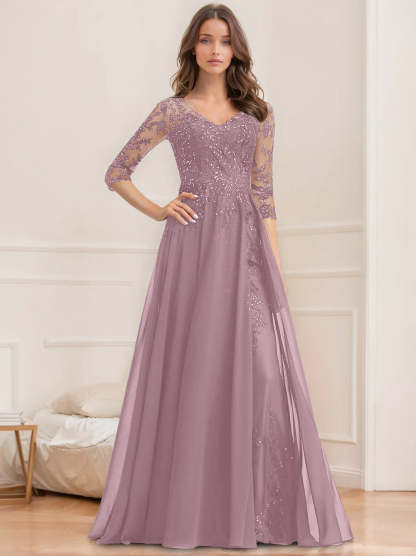 V-Neck A-Line Princess Floor-Length Mother of the Bride Sequined Dress with Half Sleeves